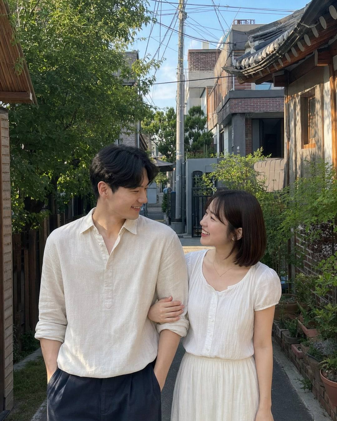 ソウルの路地を並んで歩く韓国人男性と日本人女性のカップル